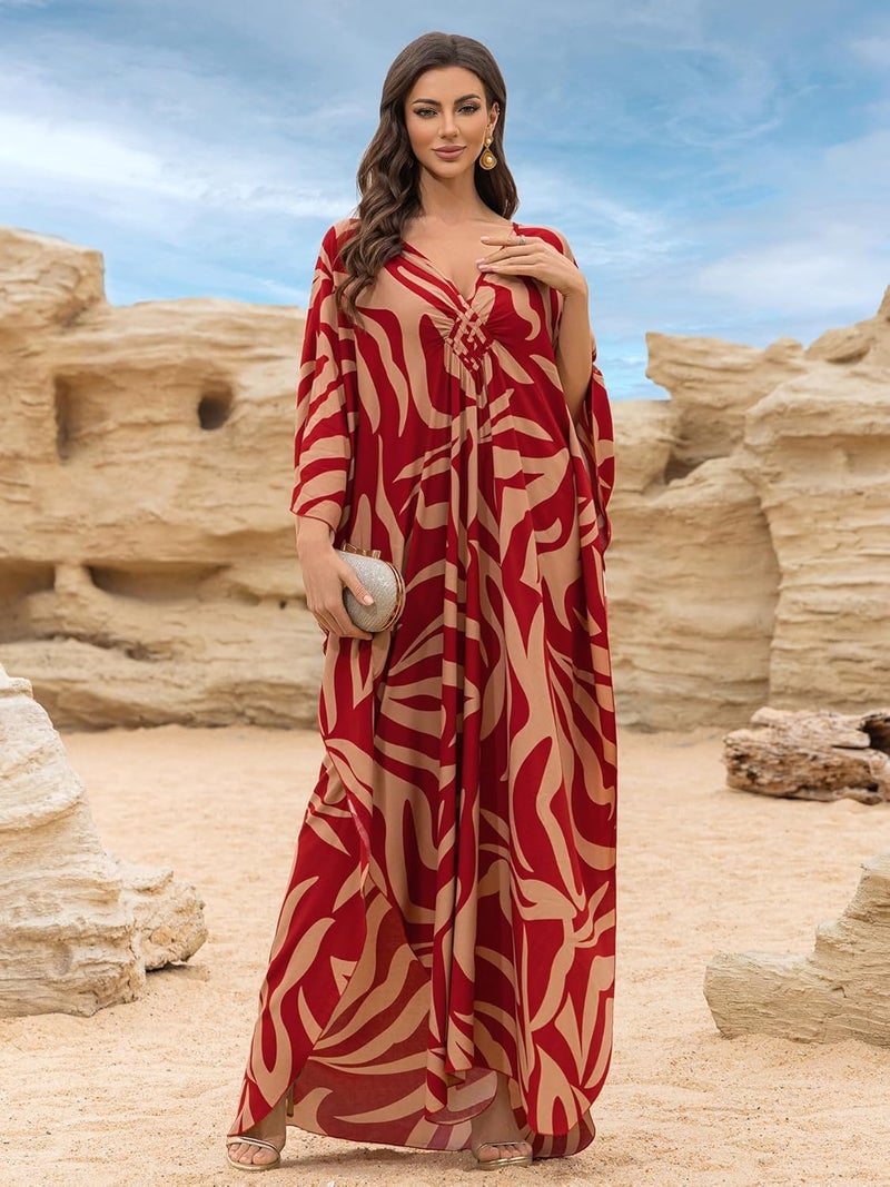 KEYLORTING Women’s Kaftan Beach Cover Up Dress Plus Size Summer Swimsuit Loungewear Maxi Dress - Image 3